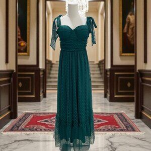 Green Swiss Dot Tie Strap Midi Dress Romantic Coquette Cottagecore Fairycore L